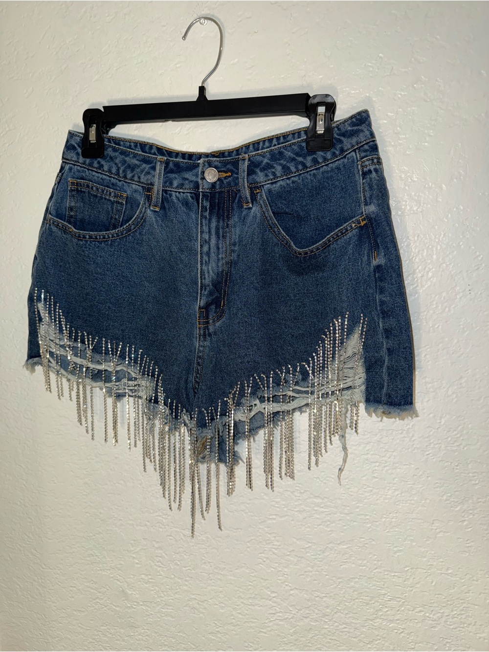 Forever 21 Dark Blue Denim Fringe Rhinestone Shorts